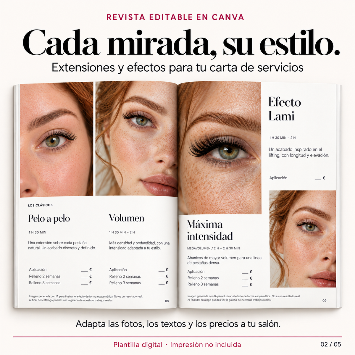 Interior de BELLEZA: extensiones de pestañas, volumen y efecto Lami. Vista ilustrativa de la plantilla editable.