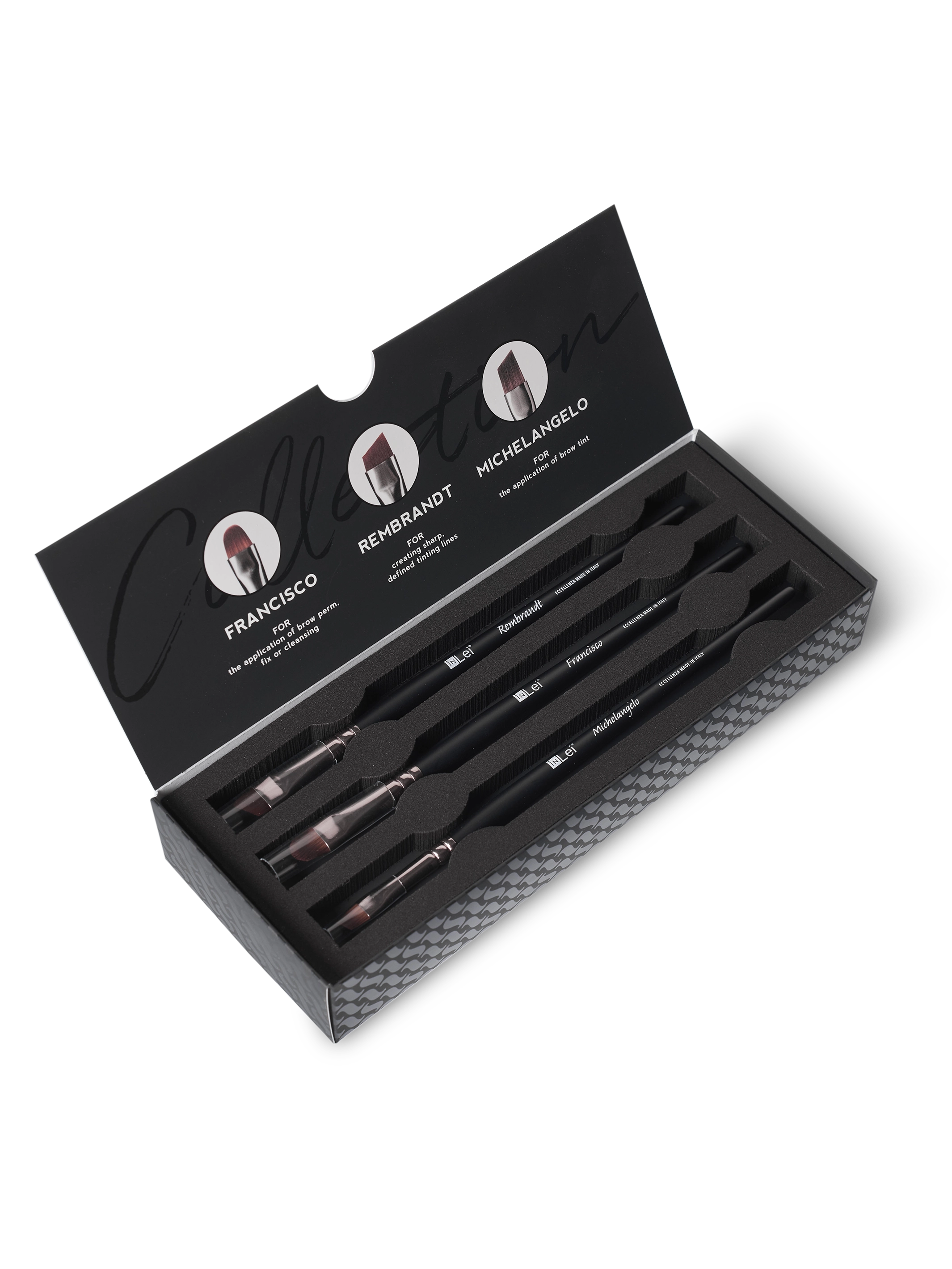 Estuche abierto InLei® Brow Collection con los 3 pinceles profesionales para cejas
