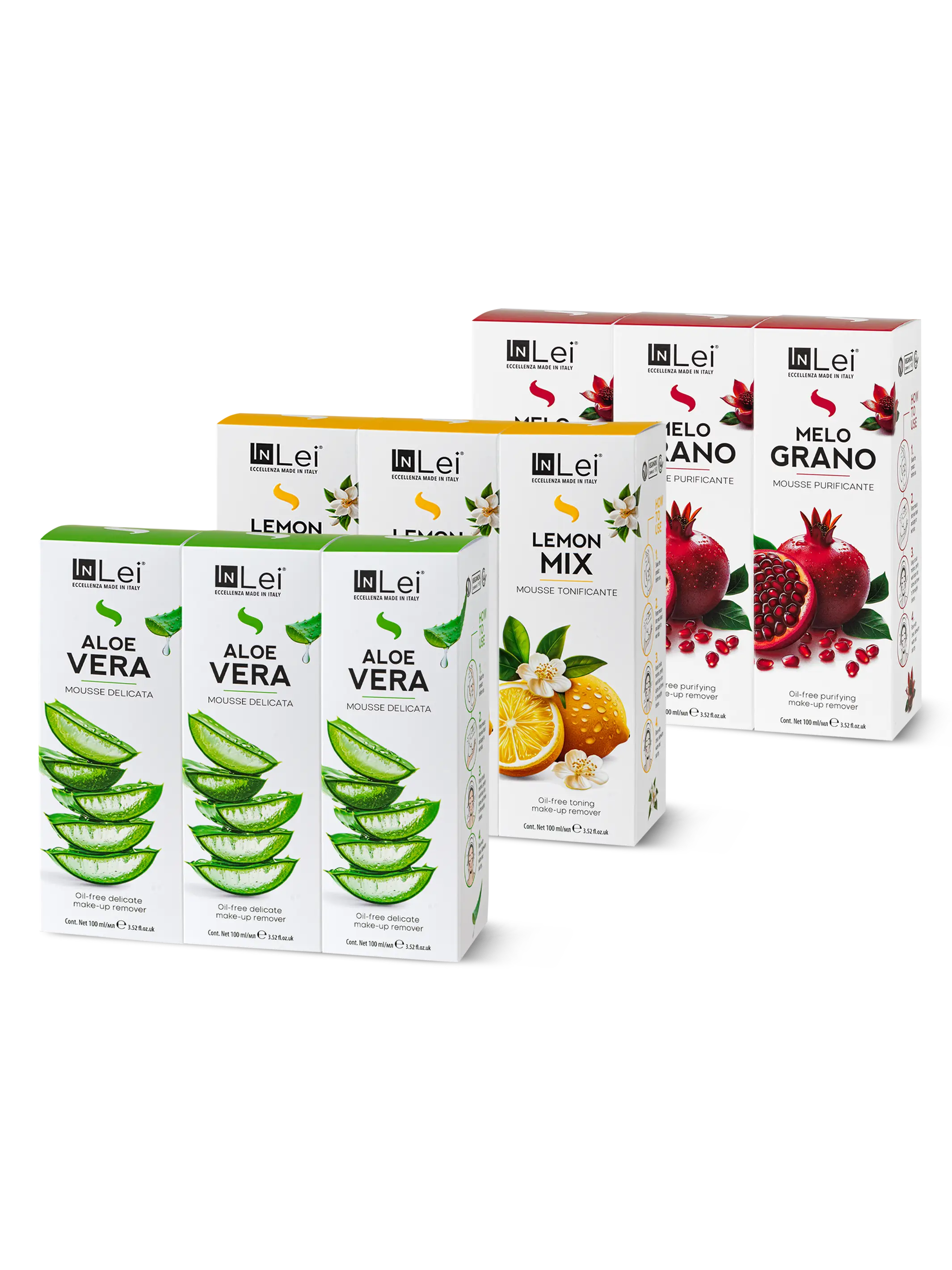 Set InLei Mousses Aloe Vera, Limón Mix y Granada – limpiadores faciales y pestañas