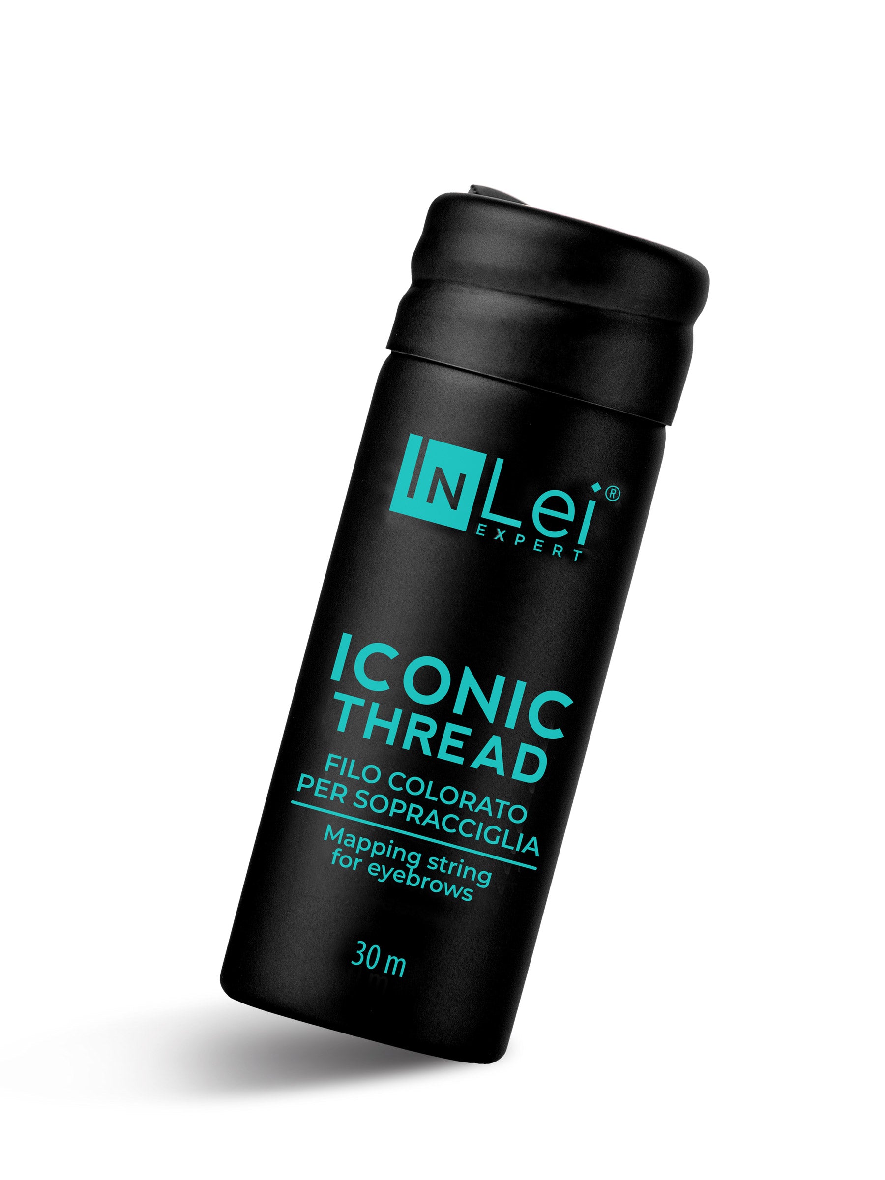 Envase del hilo tintado InLei® ICONIC THREAD de 30 m, diseñado para el mapeo profesional de cejas.