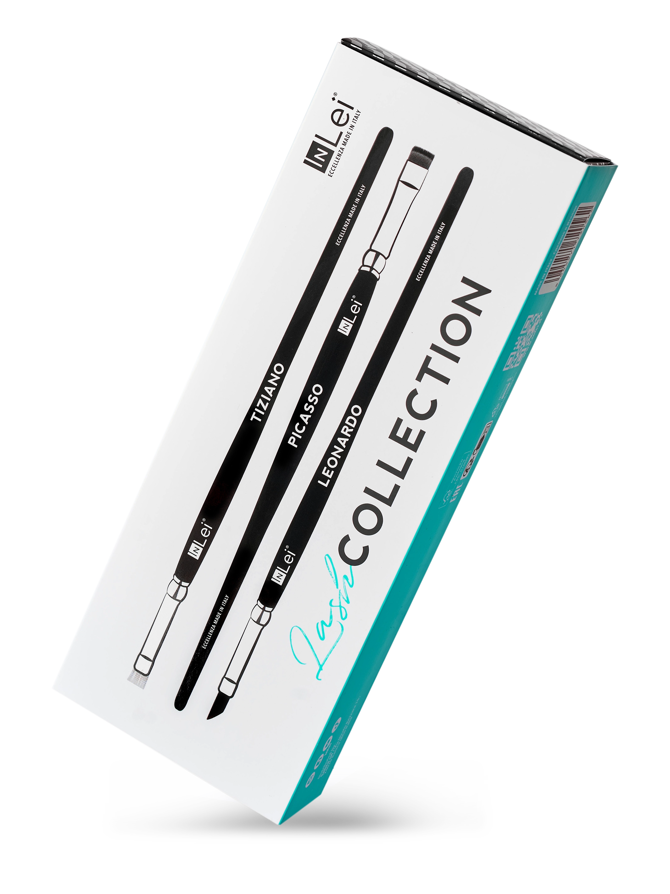 Caja del set InLei® LASH COLLECTION con los 3 pinceles profesionales para tratamientos de lifting de pestañas.