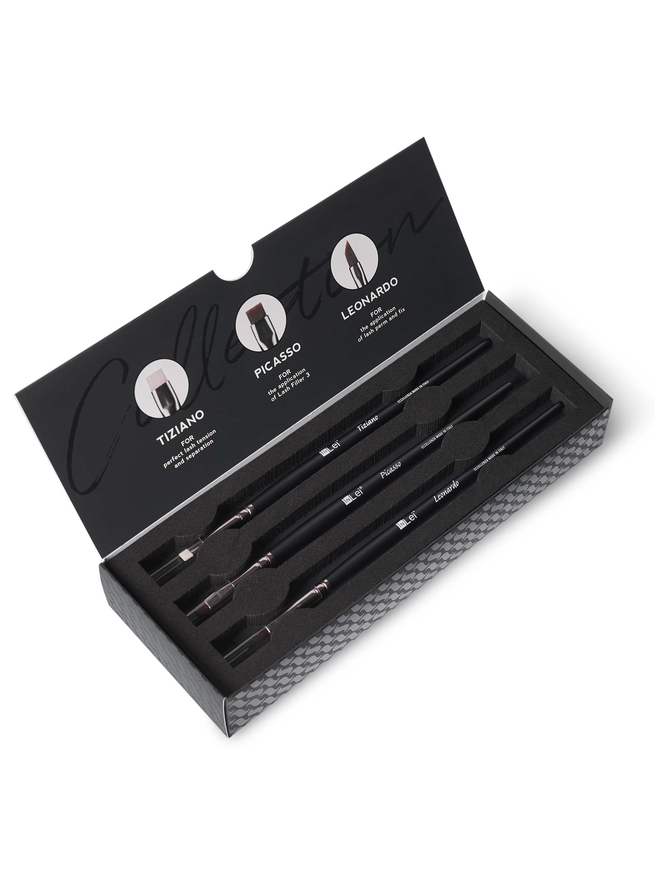 Kit InLei® LASH COLLECTION con 3 pinceles profesionales (Tiziano, Picasso y Leonardo) para lifting y tratamientos de pestañas.