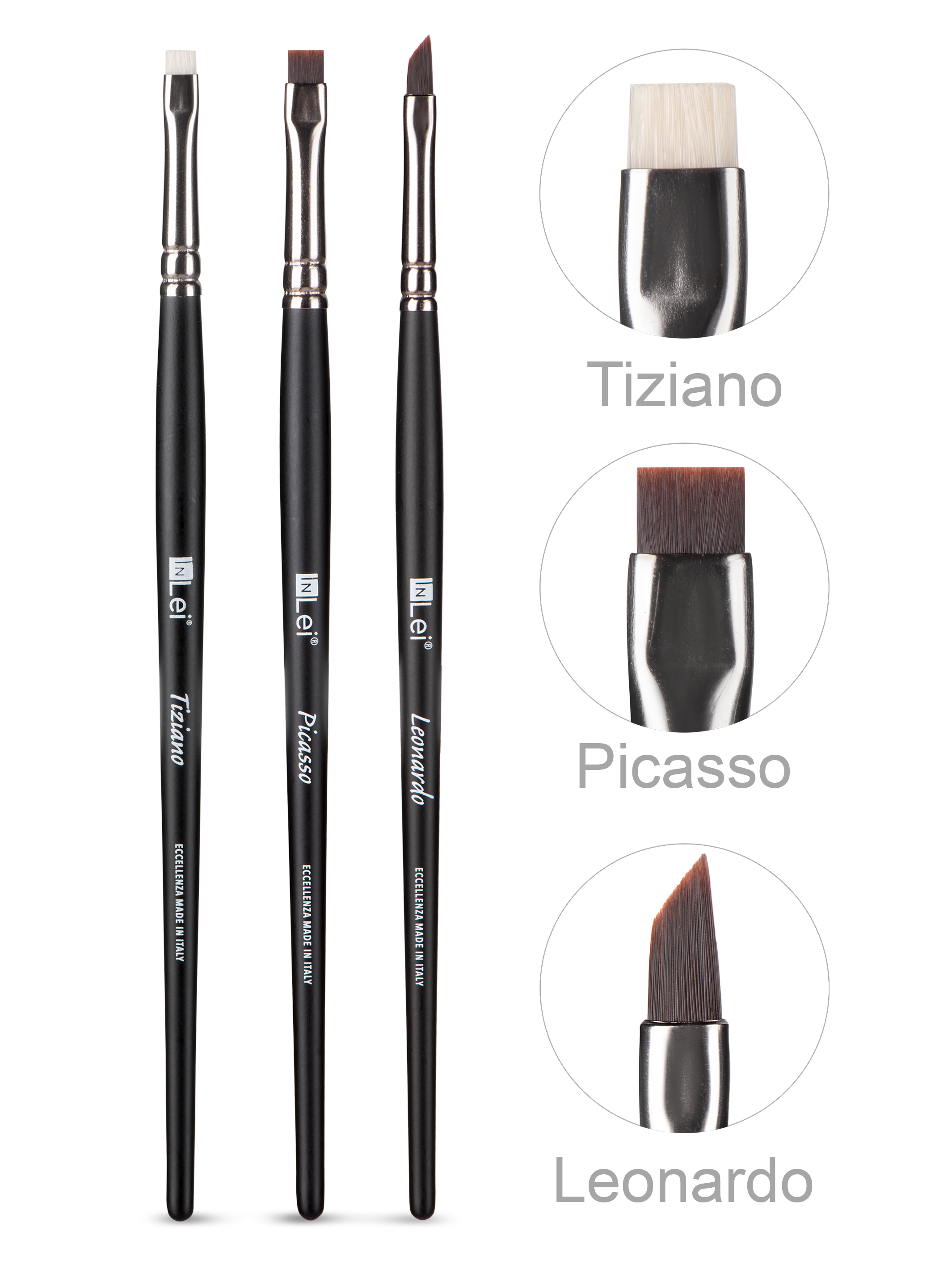 Pinceles InLei® LASH COLLECTION: Tiziano, Picasso y Leonardo, con detalle de las puntas para aplicación precisa de productos de pestañas.
