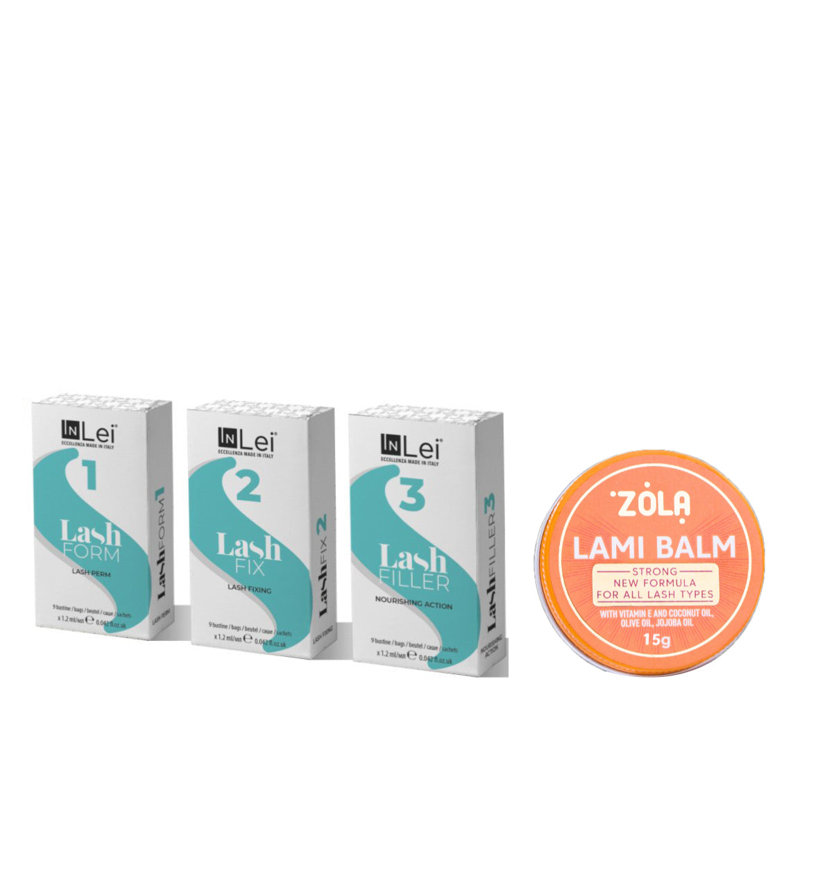 Kit 3 lociones InLei® (Form 1, Fix 2 y Filler 3) junto al adhesivo Zola Lami Balm. Pack profesional para lifting y nutrición de pestañas.