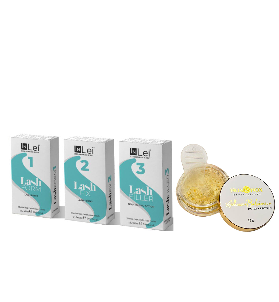 Kit 4 productos InLei® con sobres Form 1, Fix 2, Filler 3 y bálsamo adhesivo Noa Nox.