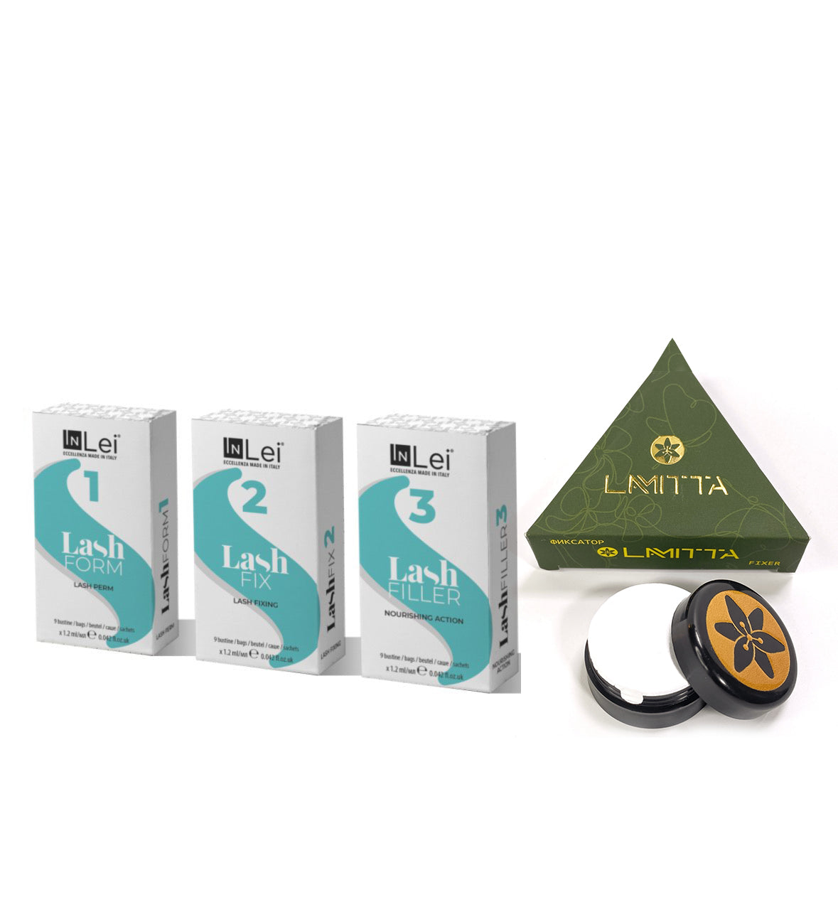 Kit 4 productos InLei® con sobres Form 1, Fix 2, Filler 3 y adhesivo Fixer Lamitta. Pack profesional para lifting de pestañas.