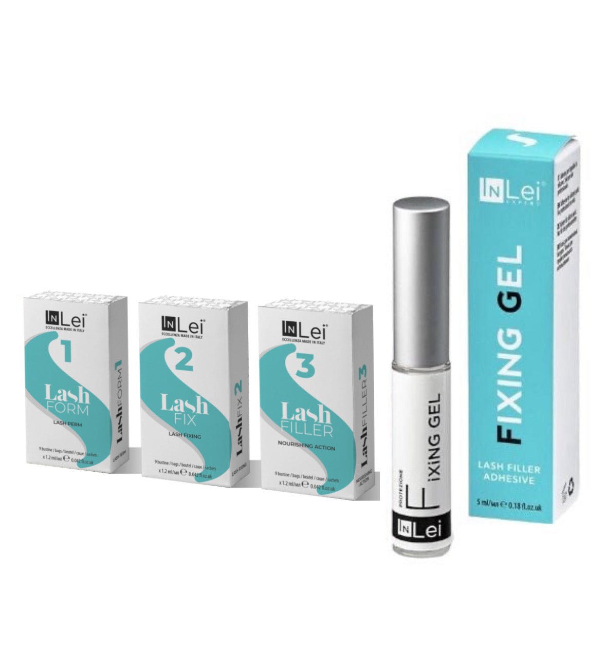 Kit 4 productos InLei® con sobres Form 1, Fix 2, Filler 3 y adhesivo Fixing Gel. Pack profesional de lash lifting.