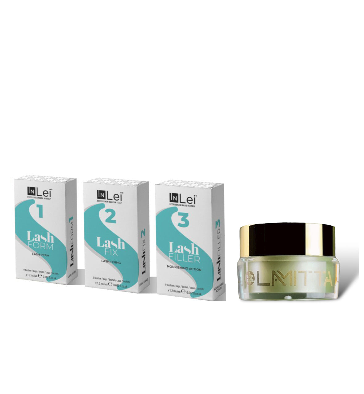 Kit 4 productos InLei® con sobres Form 1, Fix 2, Filler 3 y adhesivo Glue Balm honey de Lamitta.