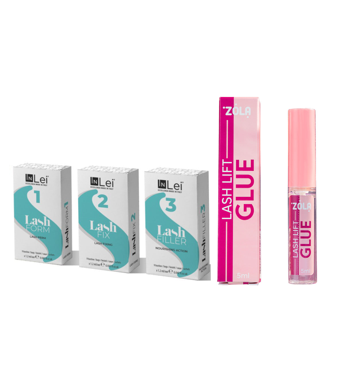 Kit 4 productos InLei® con sobres Form 1, Fix 2, Filler 3 y adhesivo Lash Lift Glue de Zola.