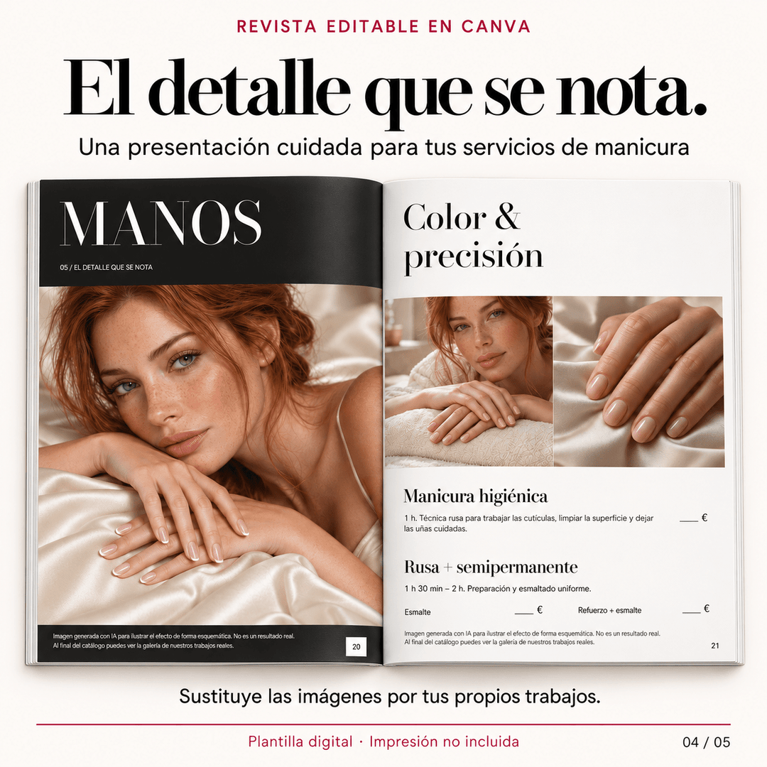 Revista catalógo de tu centro de belleza lista para imprimir. Editable en Canva con tu marca, servicios precios - Top PestañasTop Pestañas