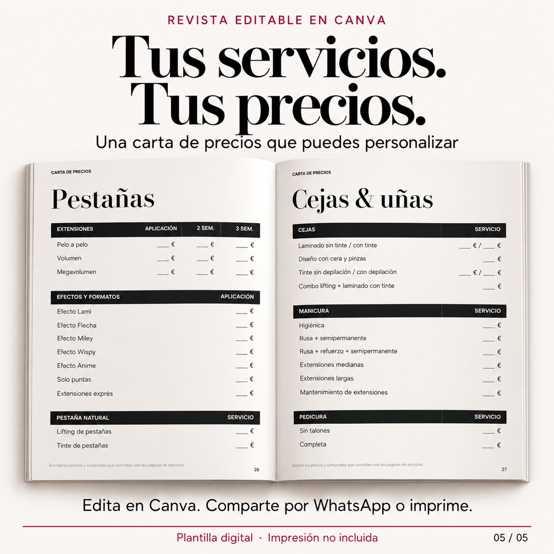 Revista catalógo de tu centro de belleza lista para imprimir. Editable en Canva con tu marca, servicios precios - Top PestañasTop Pestañas