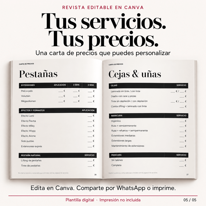 Revista catalógo de tu centro de belleza lista para imprimir. Editable en Canva con tu marca, servicios precios - Top PestañasTop Pestañas