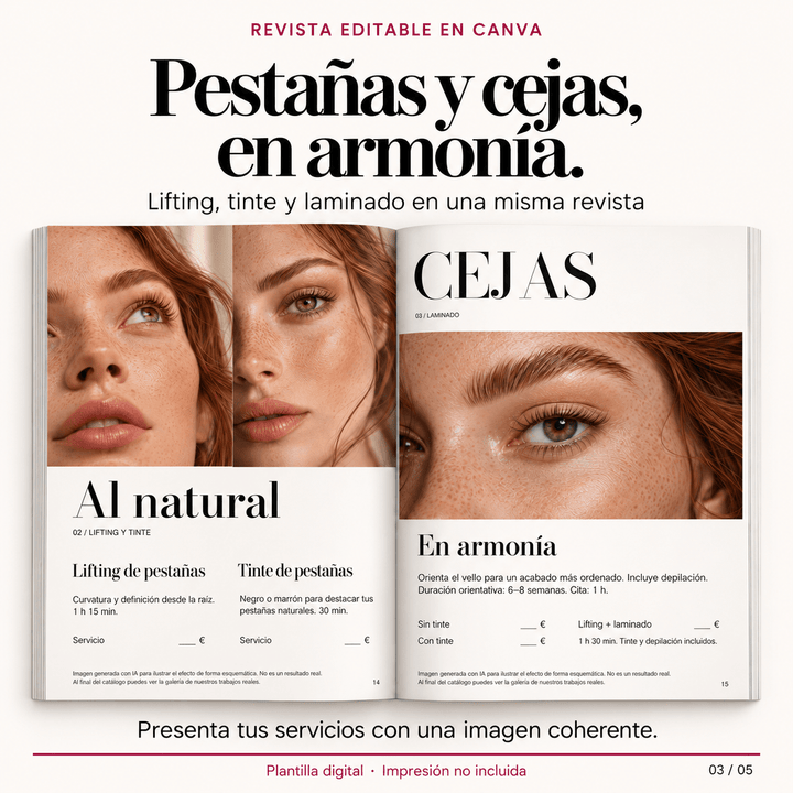 Revista catalógo de tu centro de belleza lista para imprimir. Editable en Canva con tu marca, servicios precios - Top PestañasTop Pestañas